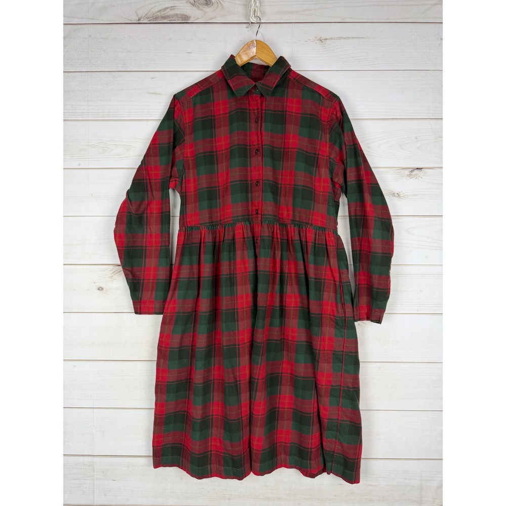 Eddie Bauer Dress Large Red Green Plaid Cotton Flannel Button Front Pockets